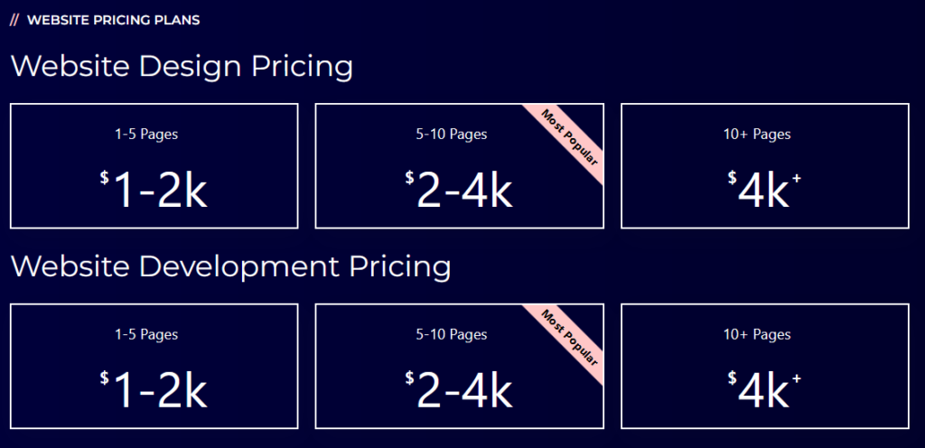 Website Pricing Plans from the Mythic Design website